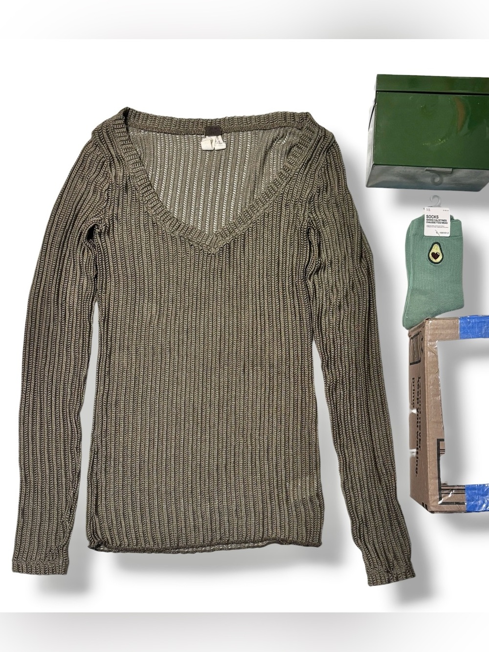WE THE FREE Olive Green Wide Ribbed Stretch Knit Layering Top Size Small - Picture 9 of 11